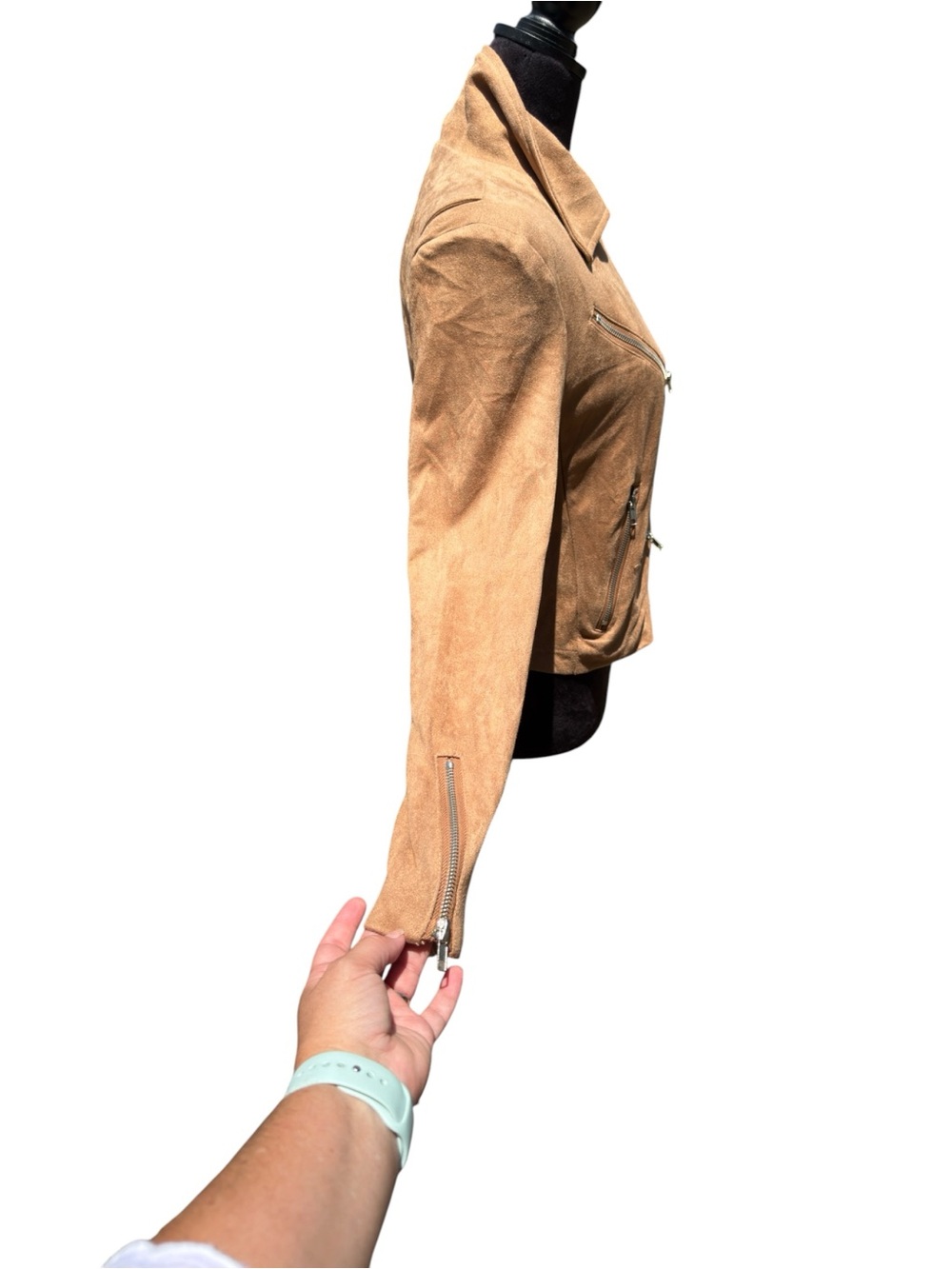 VICI Camel Faux Suede Moto Biker Jacket Medium Asymmetrical Zip Sleek - Picture 8 of 10